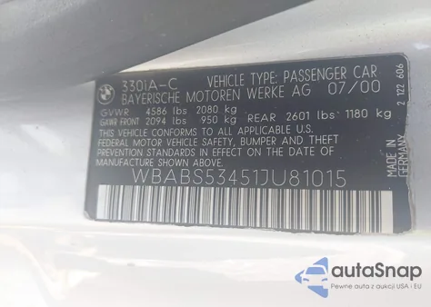 2001 BMW 330Ci из США, поврежденный, VIN WBABS53451JU81015